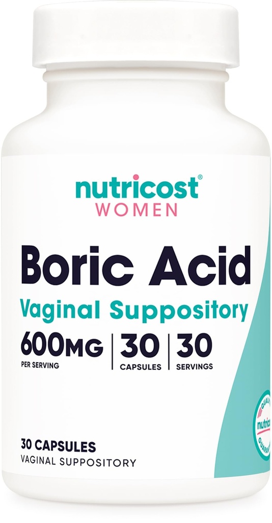 חומרים מזינים Boric Acid 600mg, 30 קפסולות - Vaginal Suppository - Non-GMO - לנשים