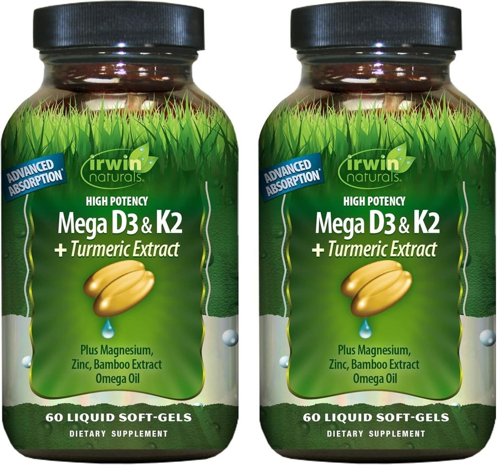Irwin Naturals High Potency Mega D3 & K2 + תמצית Turmeric עבור עצמות בריאות, Immune function & Positive Mood - Advanced Absorption with Magnesium, Turmeric, Bamboo & אומגה שמן - 60 Softgels