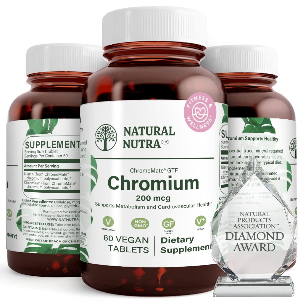 טבעי Nutra GTF Chromium Polynicotinate עם ChromeMate, תומך מטבוליזם הגוף, לקדם בריאות גוף, בריאות קרדיווסקולרי 200 mcg, 60 טבליות טבעוניות