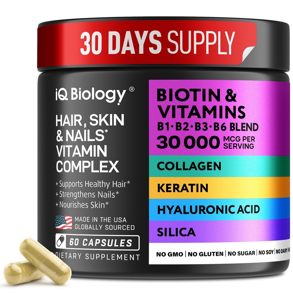 Biotin for Hair growth Women & Men with Keratin, Collagen Complex 30000 mcg - קפסולות עבור נשירת שיער & Stronger Thickness - Skin & Nails ויטמינים, ביוטין 10000mcg ו תוספי קולגן - 60 גלולות