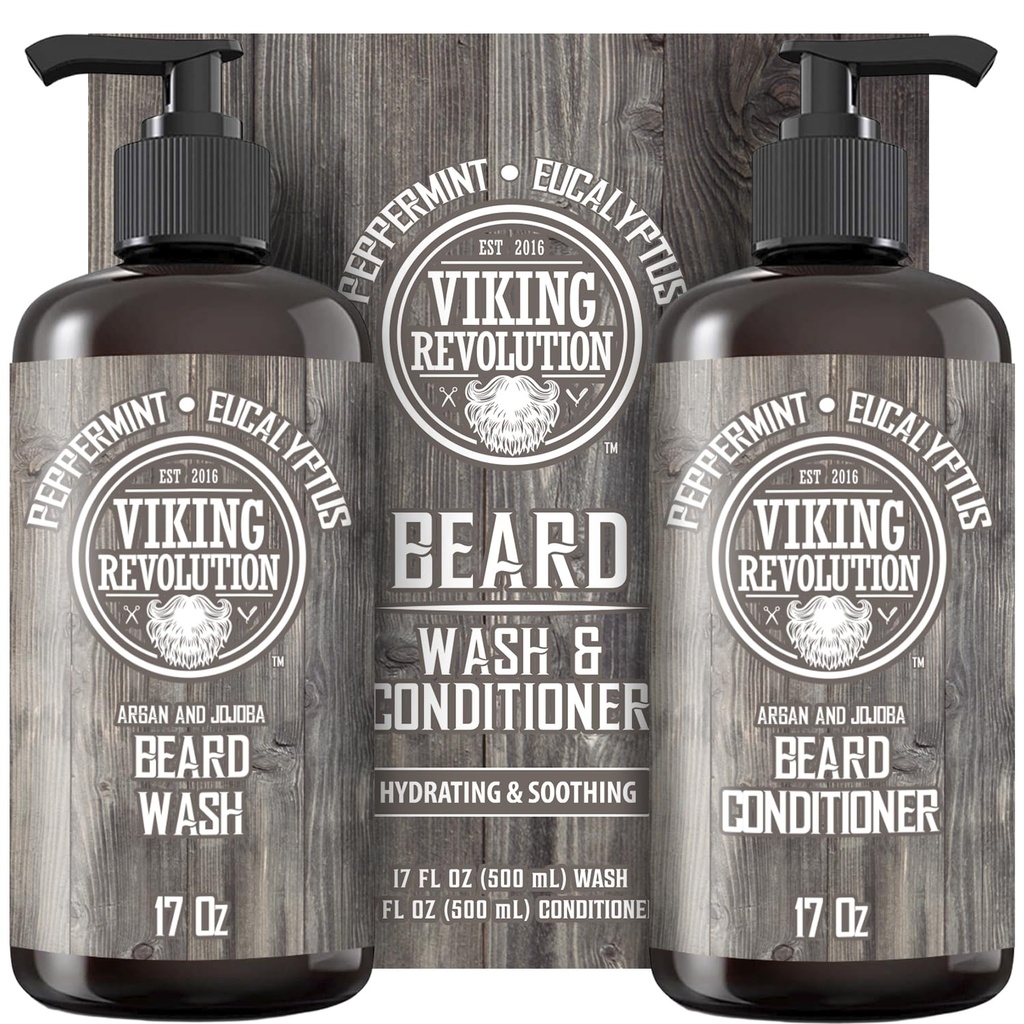 המהפכה הוויקינגית Beard Wash & Conditioner Set w/Argan & Jo Joba Oils - Softens, Smooths & Powerens Beard Growth - Natural Peppert ו- Eucalyptus Scent - Shampoo (17 oz)