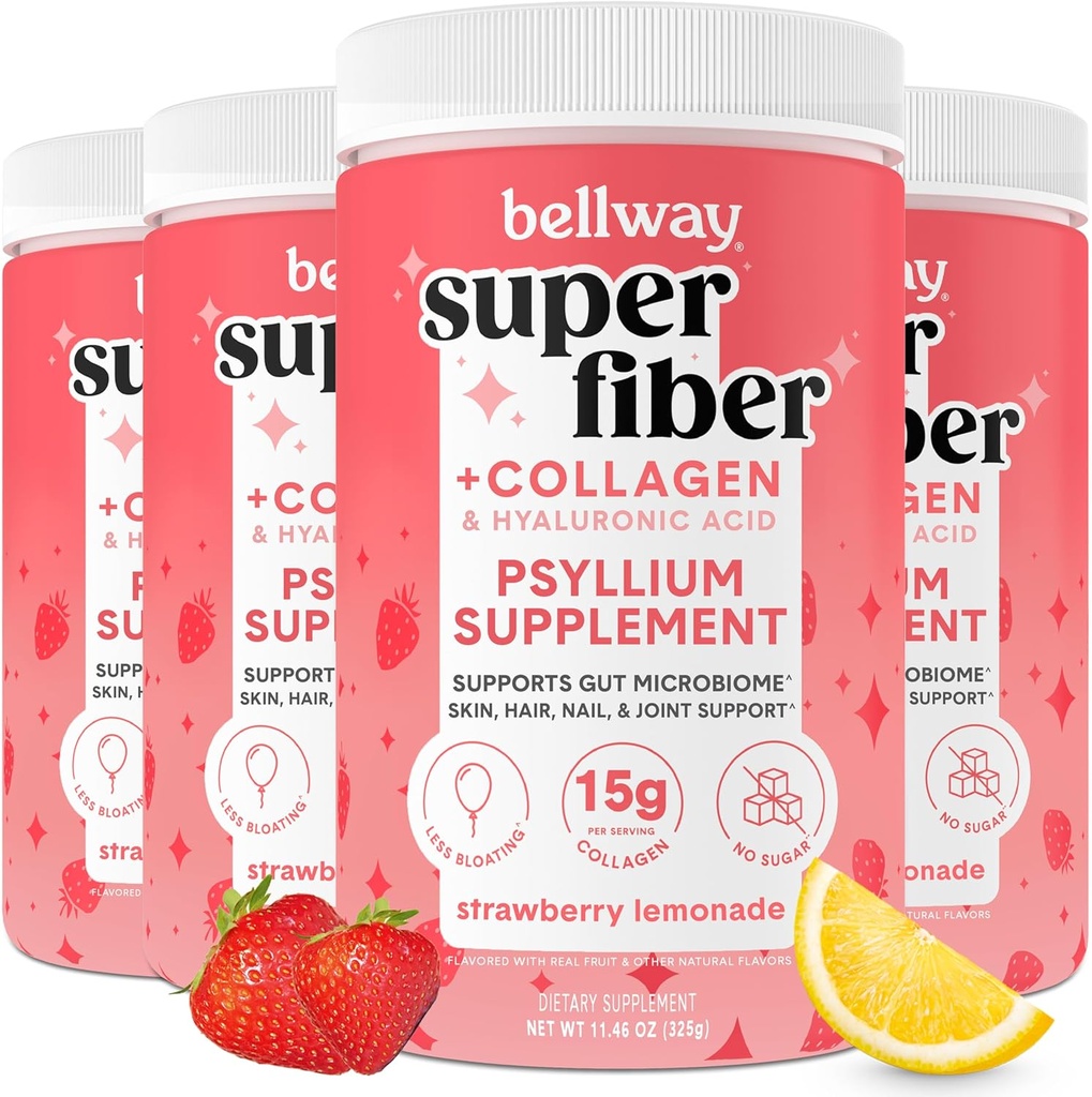Bellway Super סיבים אבקת + Collagen (4 Pack), אבקת סוכר חינם Psyllium Husk עם Collagen Peptides עבור Gut בריאות, עור בריא, ציפורניים, עצמות ופרקים, Strawberry Lemonade (45.84 oz)