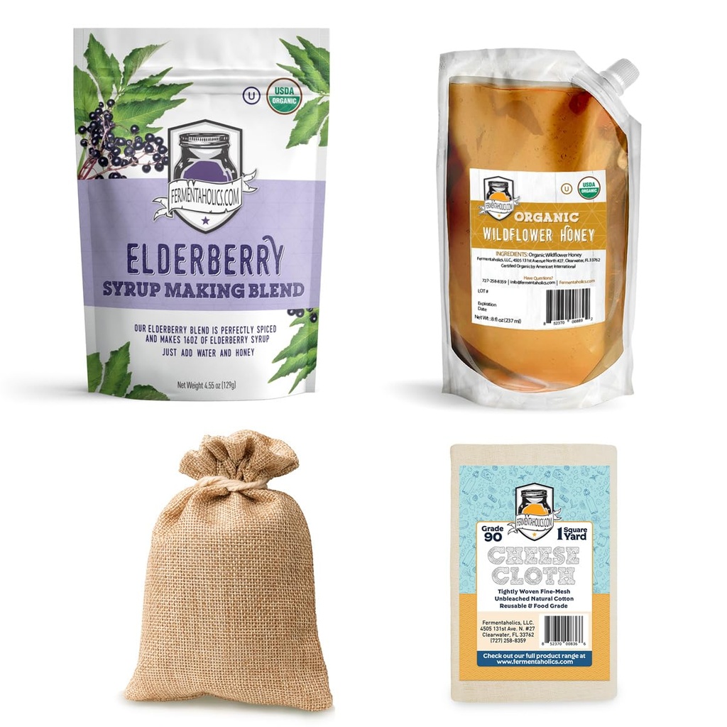 FERIVEAHOLICS USDA אורגני Dried Elderberry Syrup Making Kit | Easily Make Your Own Elderberry Syrup or Tea! | All Natural | Elderberries + Syrup Spice בלגן + Honey + Cheese Cloth