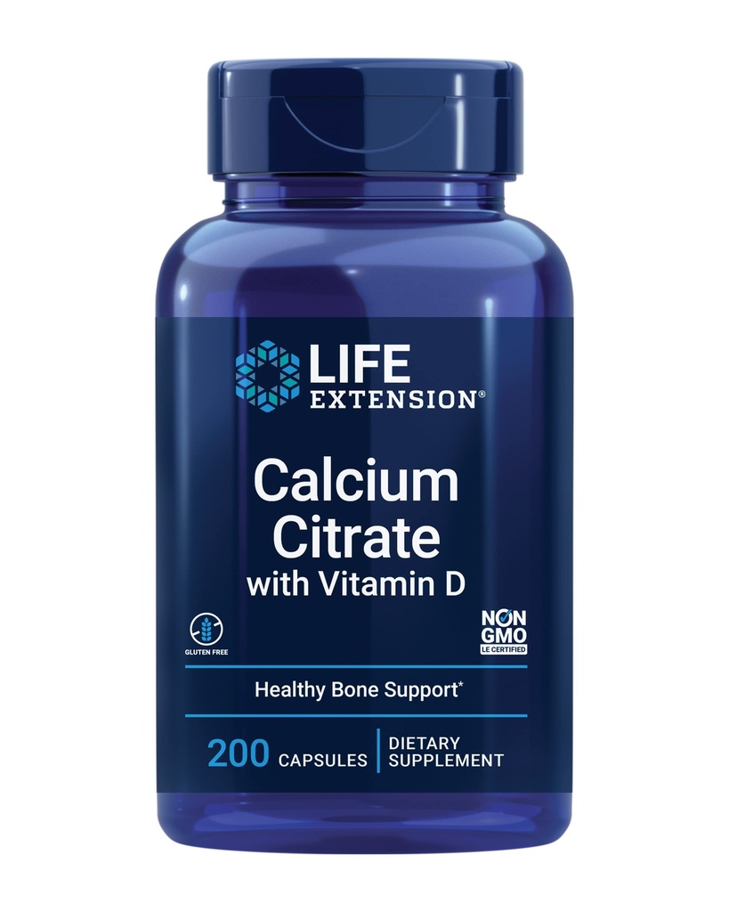 Life Extension Calcium Citrate עם ויטמין D, Super-absorbable Calcium כדי לתמוך ב- Optimal Bone Health, Gluten-Free, non-GMO, 200 קפסולות