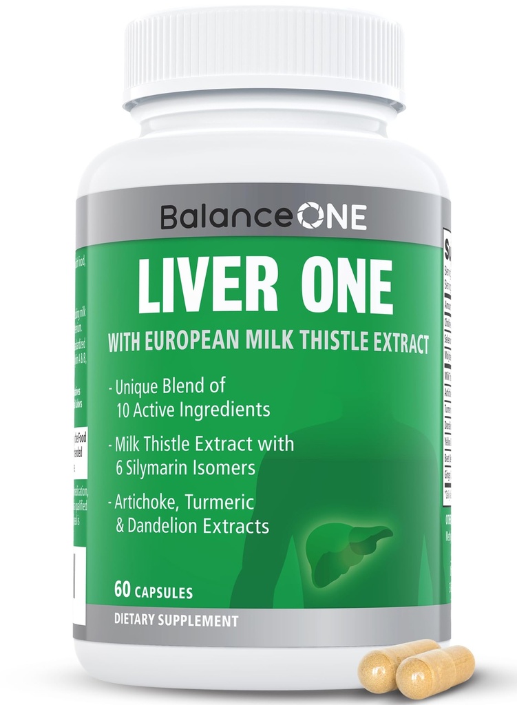 Balance One Liver Support Supplement with Milk Thistle Extract, Dandelion Root & Molybdenum - Natural Liver Cleanse, Fix & Detox for Men & Women - קפסולות טבעוניות, 1 חודשים אספקה - Liver One