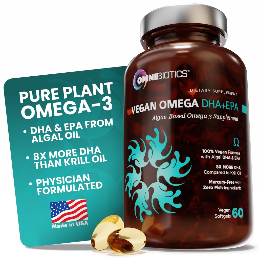 OmniBiotics Vegan אומגה 3 DHA EPA תוסף MD-Certified Prenatal תוספת עם 8X יותר DHA מאשר שמן קריל, שמן דגים חינם, non-GMO - 60 קפסולות טבעוניות