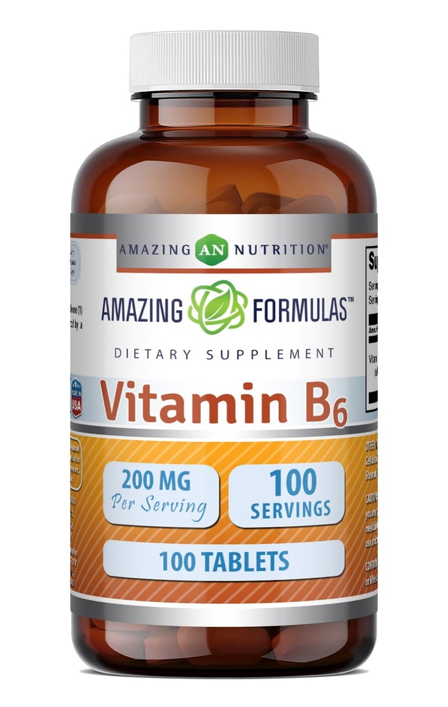 פורמולה מדהימה ויטמין B6 Pyridoxine 200 מ"ג 100 טבליות תוסף | Non-GMO | Gluten Free | Made in USA