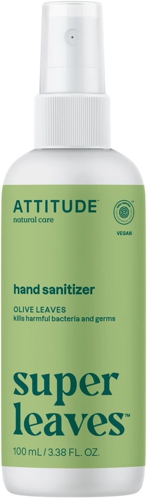 AtTITUDE Hand Sanitizer Spray, EWG מאומת, Kills Germs & Bacteria, טבעוני וצמח מבוסס, בטוח עבור מבוגרים וילדים, אוליב משאירה Scent, 3.38 Fl Oz (Spray Bottle)