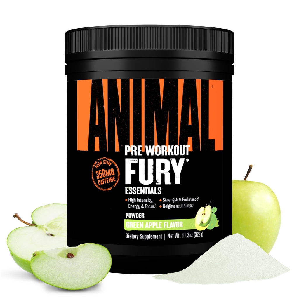 Animal Fury Pre Workout אבקה - גרין אפל, 350 מ"ג קפאין, BCAA Amino Acids, 2g Beta Alanine, Citrulline & Tyrosine, Energy, Focus, Power, Endurance, Preworkout for Men & Women, 20 משרתים