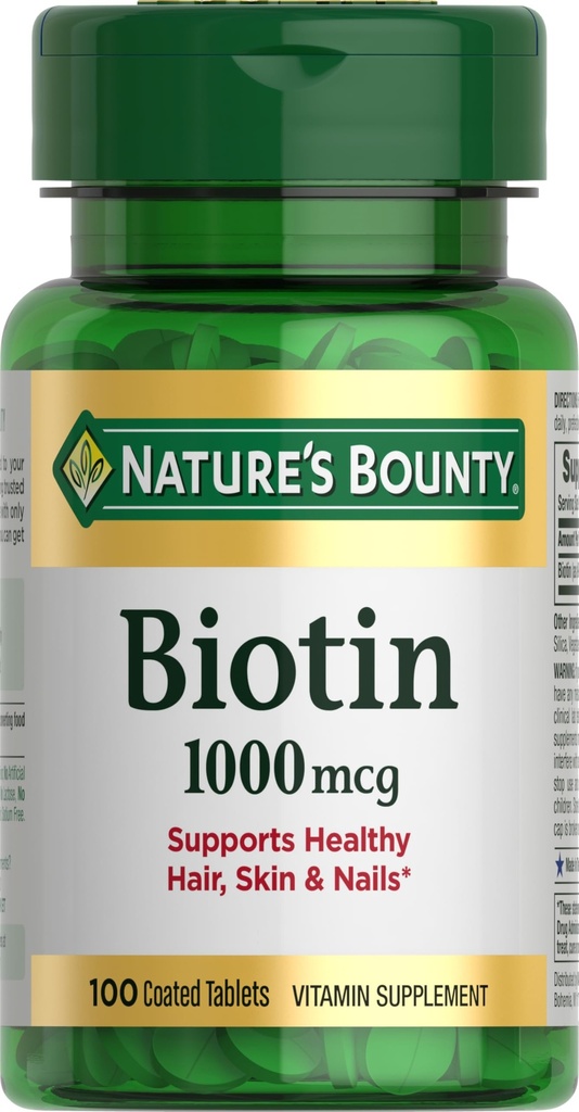 Nature's Bounty Biotin, תומך במטבוליזם לאנרגיה ולשיער בריא, עור וציפורים, 1000 mcg, 100 טבליות