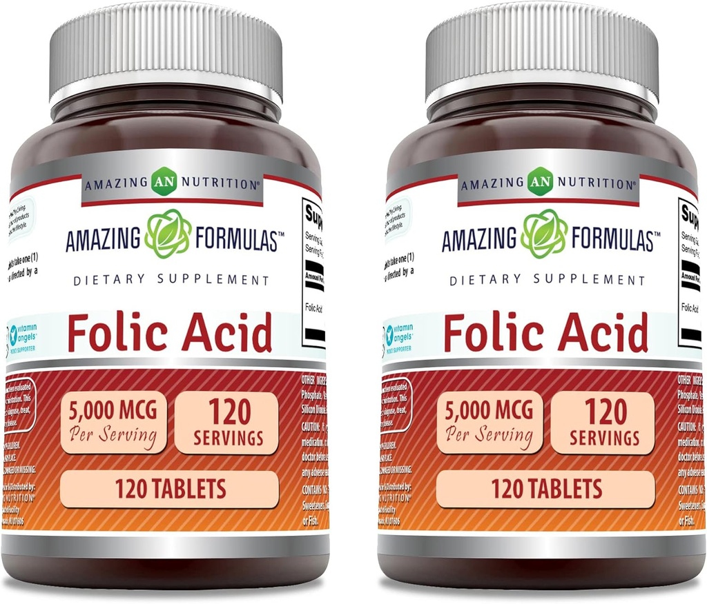 פורמולה מדהימה Folic Acid תוסף | 5000 Mcg | 120 טבליות | Non-GMO | Gluten Free | Made in USA (2 Pack)