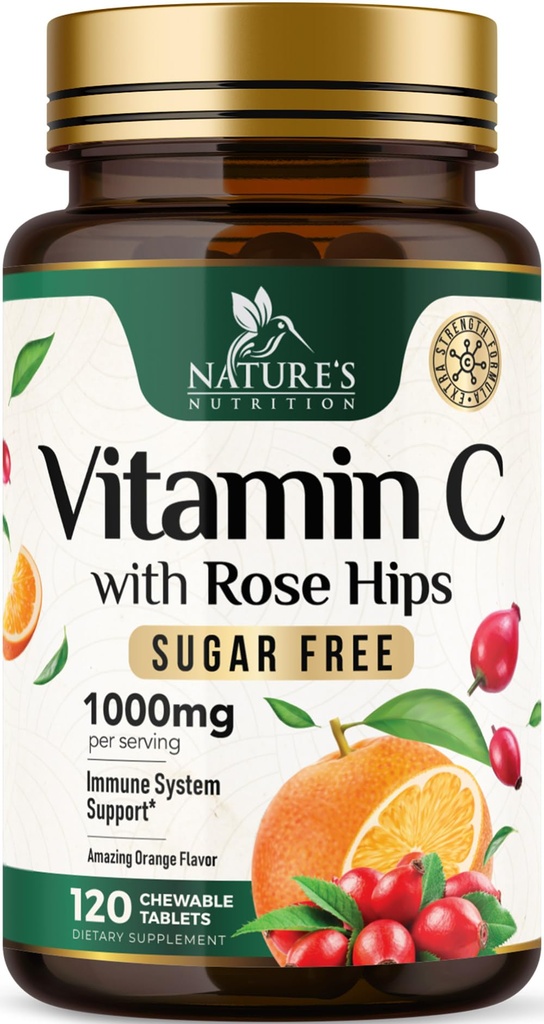 ויטמין C Chewable 1000 מ"ג - תוספת עוצמה Antioxidants for Powerful Immune Support w/Vitamin C & Rose HIPS - תוספי VIT C Chews, Natural Orange Flavor, טבעוני, non-GMO - 120 טבליות