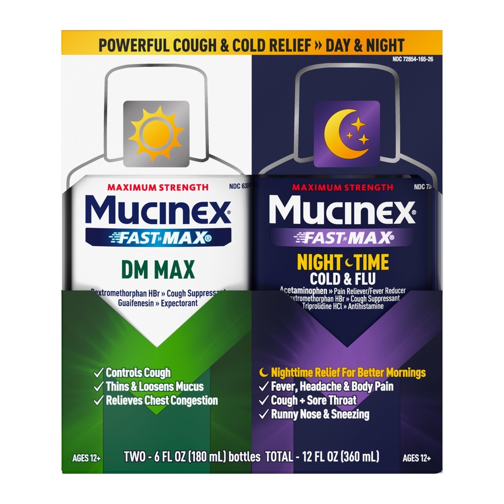 כוח מקסימלי Mucinex FastMax DM Max & Mucinex Nightshift Cold & Flu נוזל (2 x 6 fl. oz.) דקים ושופכים מוקוס, Relieves Cough & Chest Congestion, Pain, Fever, Sneezing, Soreגרון, Runny Nose