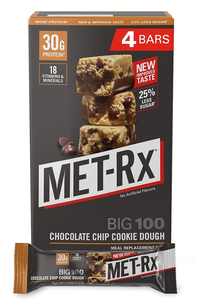 MET-Rx Big 100 Colossal חלבון Bars, גדול כמו החלפת Meal, חטיפים, עזרה אנרגיה, גלטן חינם, שוקולד צ'יפ קוק Dough, 100 גרם, 4 Count (Packaging May Vary)