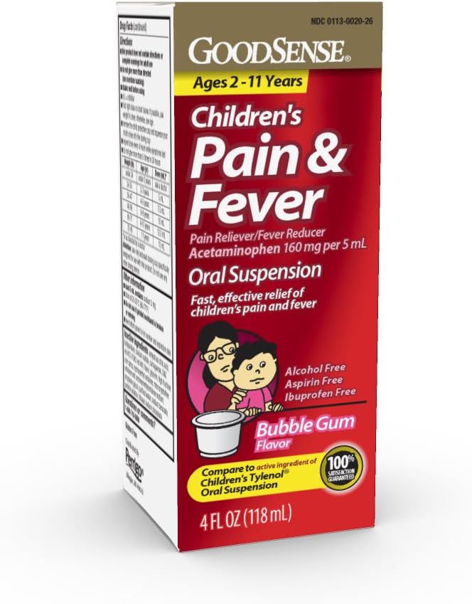 GoodSense Children's Pain Reliever נוזל, בועות בועות מסטיק פלאמור, Acetaminophen 160 מ"ג / mL, יעיל כאב הקלה / Fever עבור ילדים בגילאי 2-11, 4 Oz