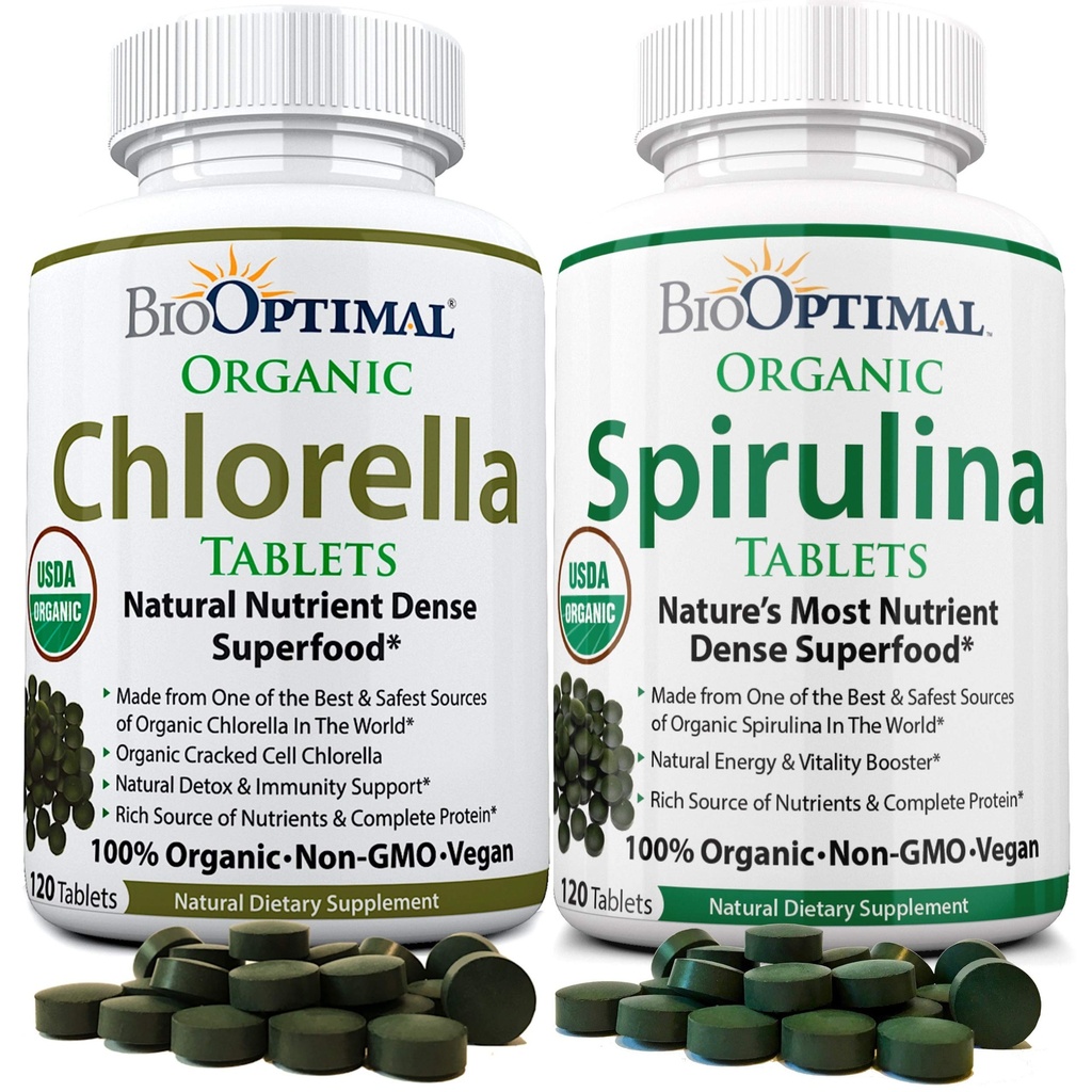 BioOptimal Chlorella Spirulina - Bundle - אורגני Chorella Tablets & Organic Spirulina Tablet, 120 Count Each, Premium Quality 4 Organic Certifications