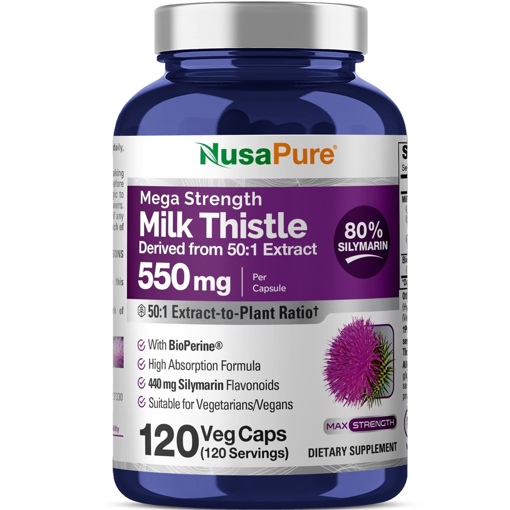 NusaPure Milk Thistle 50:1 לחלץ, 550 מ"ג שווה ערך ל 27,500 מ"ג 120 Veggie קפסולות non-GMO, Vegan Max Strength - סטנדרטי 80% Silymarin, Bioperine