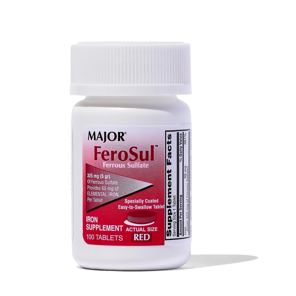 Major Ferosul - Ferrous Sulfate 325 מ"ג טבליות עם 65 מ"ג של ברזל אלמנטרי - תוספת ברזל לנשים, גברים - אדום - 100 טבליות - אריזה של 1