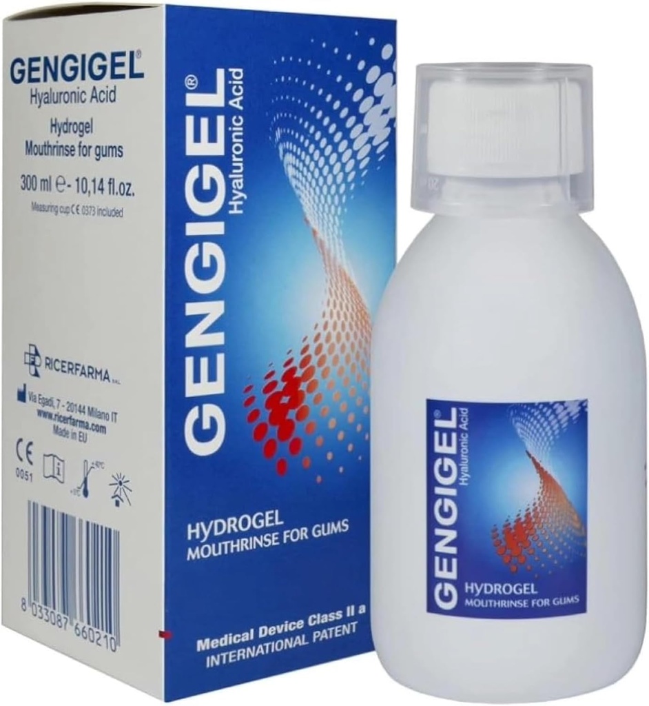 Gengigel Hyaluronic Acid Mouthrinse (300 מ"ל), פתרון טיפול אוראלי לבריאות חניכיים, מצמצם את discomfort, עוזר Relieve Gum Recession & Gingivitis, ללא אלכוהול או SLS, טבעוני & כשר