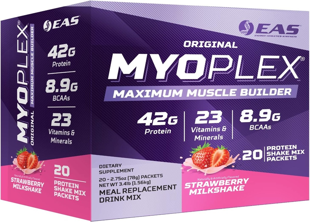 EAS המקורי Myoplex שריר בונה | Meal החלפה חלבון תערובת | איכות חלבון תערובת | 42g חלבון | 20 חבילות בודדות (Strawberry Milkshake)