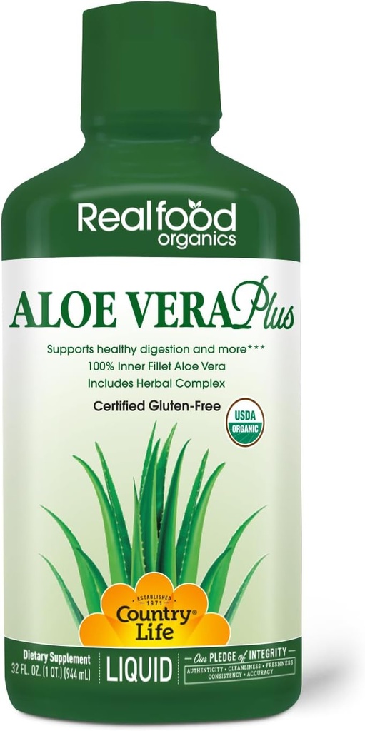 Country Life Realfoods Liquid Aloe Vera Plus - תמיכה במערכת הבריאות והחיסון - עם Slippery Elm, ג'ינג'ר, Turmeric, Peppert - אורגני ACTIValoe, Qmatrix Process - 32 oz