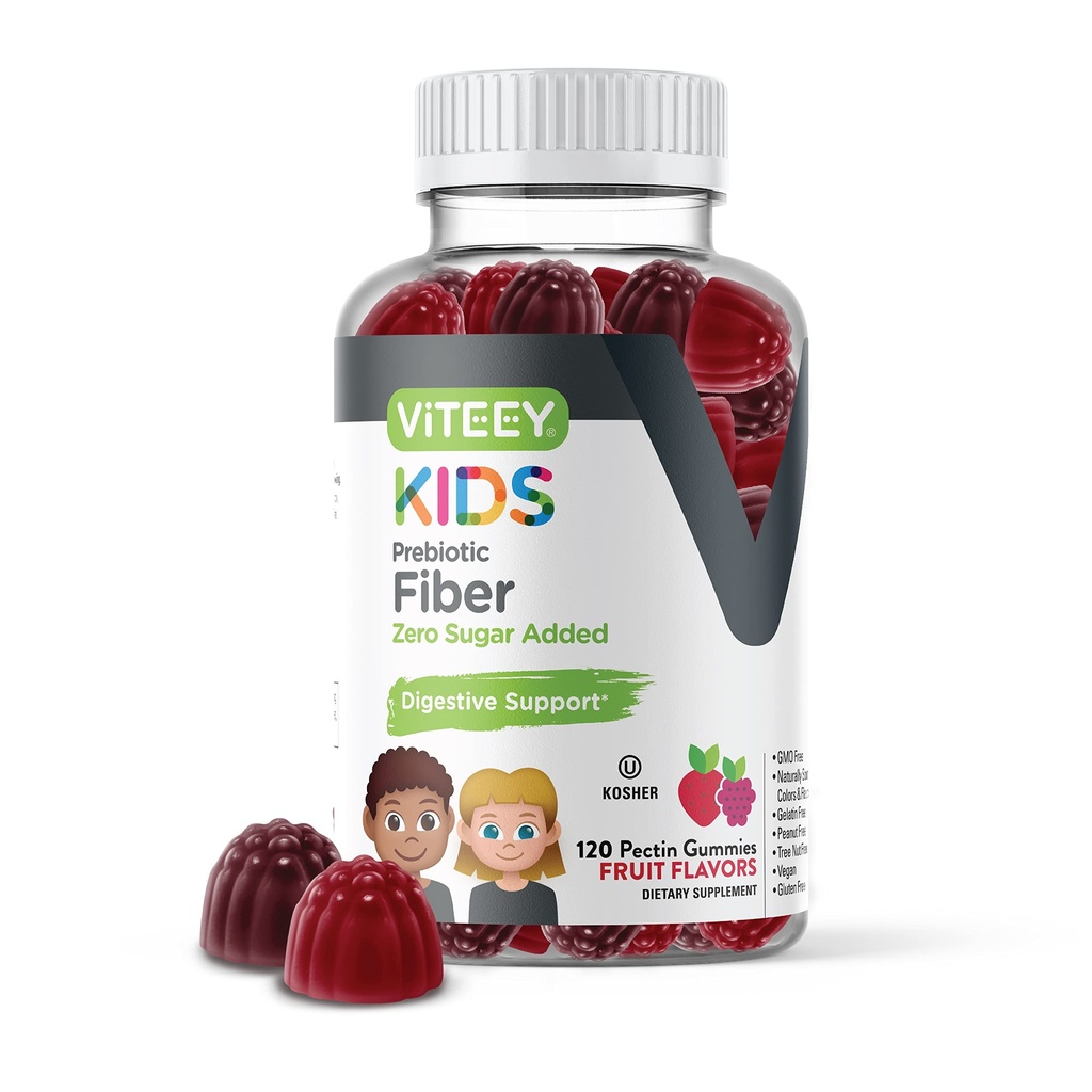 Viteey Prebiotic Kids Fiber for Constipation Relief, Digestive Health סדירות תמיכה, תמיכה במשקל טבעי - סיבים 4g, Zero Sugar הוסיף, טבעוני, Gluten Free - Tasty Chewable פירות מסטיקמי