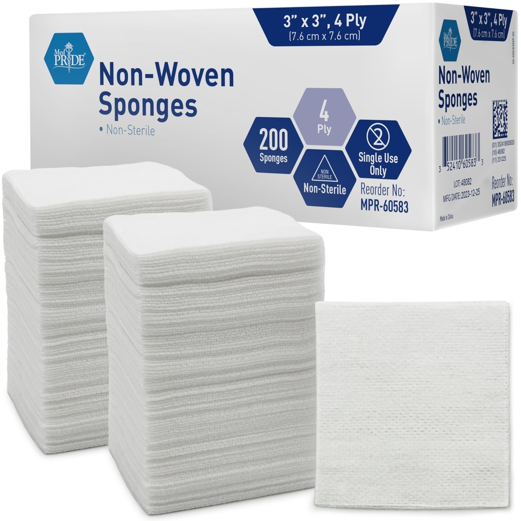 MED PRIDE 3x3 ב Gauze Pads 200 Pack, Nonsterile, 4 Ply, nonadherent Mesh Bandages, Absorbent Wound Care Dressing Sponges