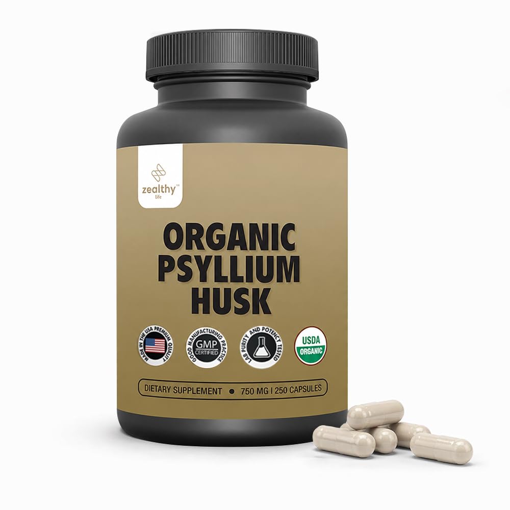 אורגני Psyllium Husk קפסולות 750 מ"ג, תוסף סיבים טבעיים עבור Gut Health * - אלטרנטיבית אבקת Psyllium Husk, Zealthy Life, 250 קפסולות