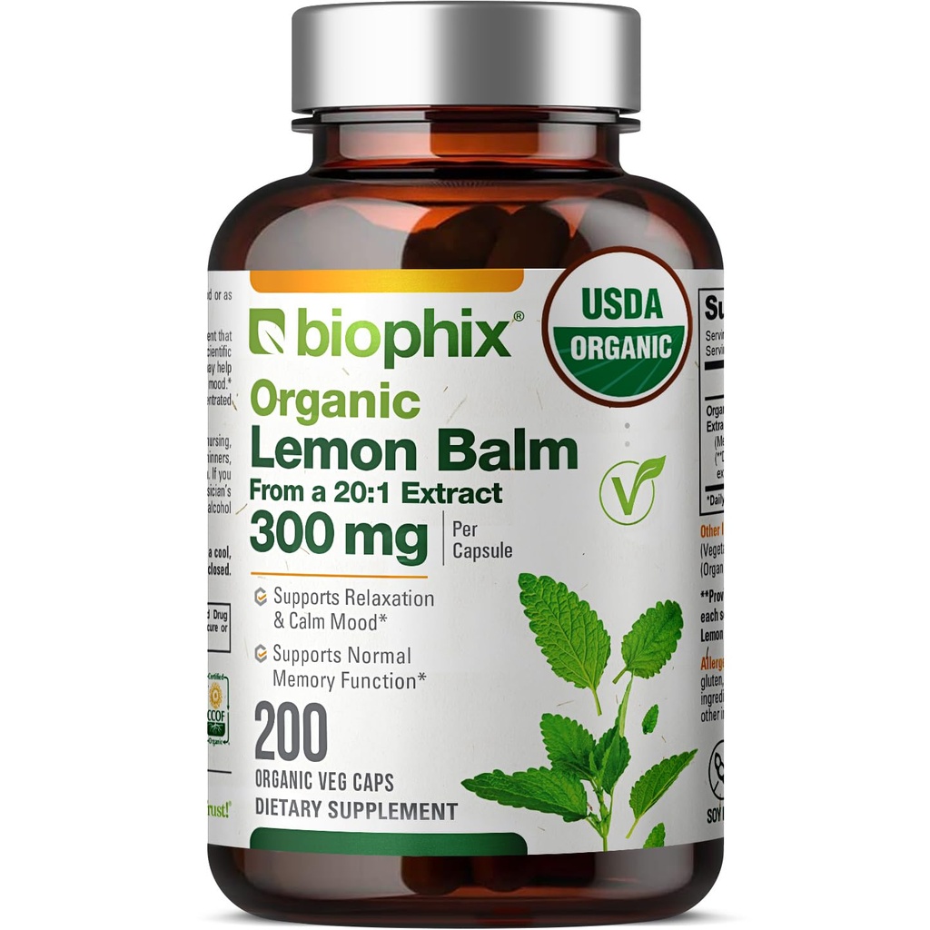 biophix לימון Balm קפסולות USDA אורגני 20:1 לחלץ 300 מ"ג 200 Veggie Caps - Cognitive Health Stress Sleep Mood תמיכה טבעי תוסף צמחי