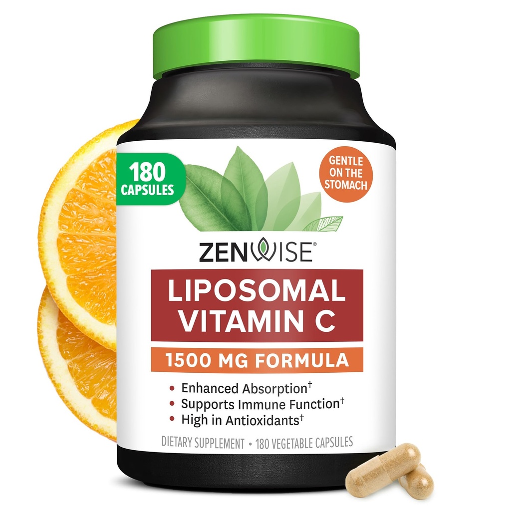 Zenwise Health Enhanced Absorption Liposomal ויטמין C תוסף - 1500 מ"ג Liposomal VIT C עבור תמיכה Immune, Antioxidant & Natural Energy Boost - אורגני & Gluten חינם - Unflavored, 180 קפסולות