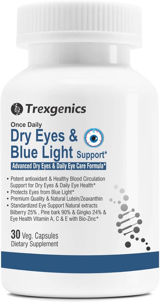 Trexgenics יבש עיניים & אור כחול תמיכה פעם יומית Vegetarian פורמולה עם Lutein 10 מ"ג, Zeaxanthin 2 מ"ג, Bilberry, גינקו, Pine Bark, ויטמין C, Zinc & A (30 Veg כמוסות)