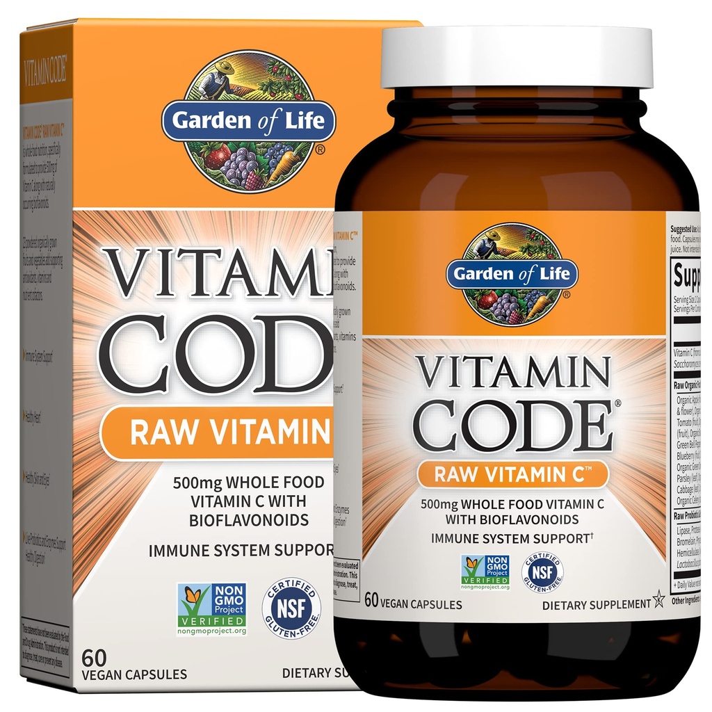 Garden of Life Vitamin Code Raw Vitamin C - 60 Capsules, 500mg Whole Food Vitamin C Capsules + Fruit & Veggie Blend & Probiotics, Supplements for Adults, Vegan, Gluten Free