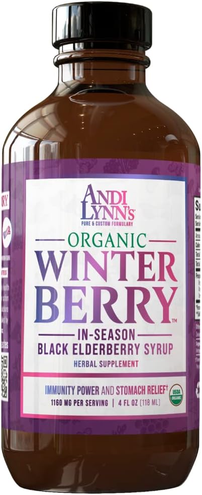 אנדי לין's Winterberry Black Elderberry Syrup - כולל Black Elderberries, Cinnamon, ג'ינג'ר, Honey & Lemon - Immune Support for Whole Family - אורגני & Great Tasting Syrup 4oz