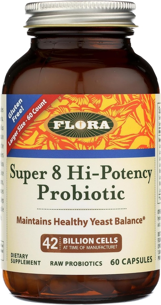 פלורה - Super 8 Hi Potency Probiotics 60 Count - בריאות Yeast Balance & Digestive Health - לגברים ונשים - 42 מיליארד CFU, Raw, Gluten Free - עד 2 חודשים אספקת מזון
