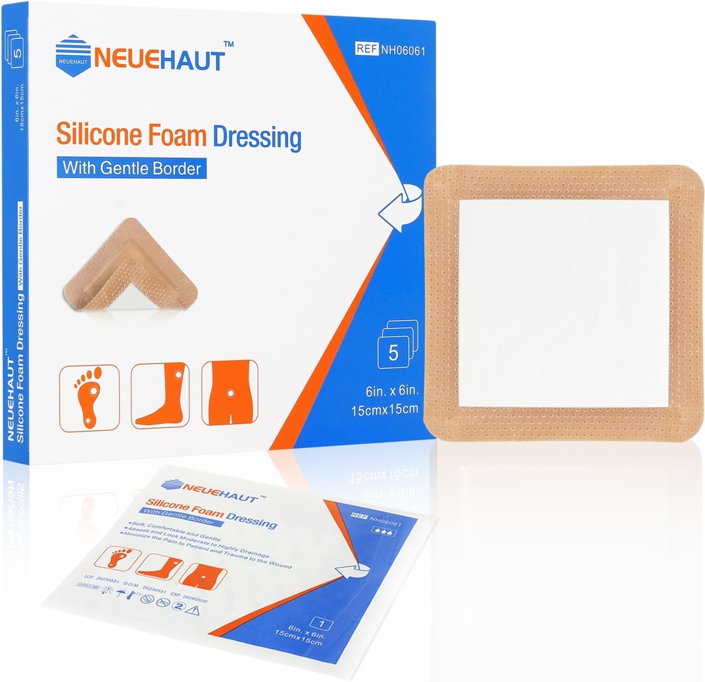 Silicone Foam Dressing with Gentle Adhesive Border 6'sx6', Bed Sore Stress Ulcer Leg Ulcer Silicone Wound Bandage, High Absorbency Waterהוכחה, 5 Pack על ידי NeueHaut