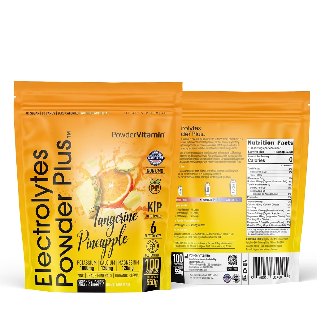 אבקהVitamin אלקטרוליט אבקת פלוס (100 משרתים) Tangerine Pineapple Electrolyte אבקת Zero Calorie Keto,0Sugar, No Maltodextrin, 1000mg Potassium, 120 מ"ג Calcium, 120 מ"ג Magnesium, אבקת hydrotion אבקת אבקה, hydrotion אבקה
