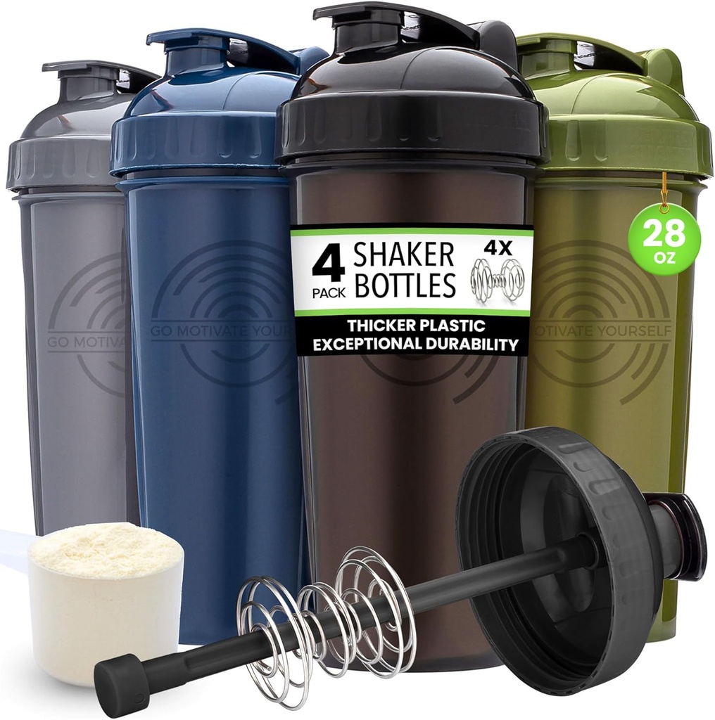 GoMOYO [4-Pack] 28-Ounce Shakerבק | Bluk Protein Shaker Bottle with Action-Rod Wire Mixer | Shaker Cups Sets הם BPA Free ו-Dishwasher Safe