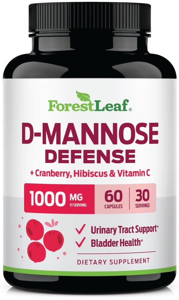 ForestLeaf D Mannose 1000 מ"ג קפסולות - D-Mannose עם Cranberry, Hibiscus & VIT C, Urinary Tract Health for Women and Men, Organic DMannose Pills for UTI, Urinary Health & Bladder תמיכה 60 קפסולות