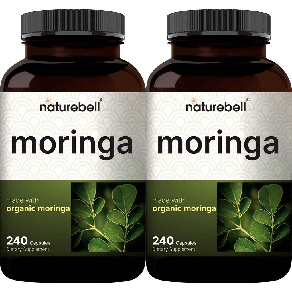 NatureBell Pure Moringa קפסולות 8,000 מ"ג עבור שירות (2 Pack) | מיוצר עם אבקת Moringa אורגני, 480 קפסולות - ירוק סופר מזון, בריאות העור, ותמיכה ללא הריון - Non-GMO, Gluten Free, 8 חודשים אספקת מזון
