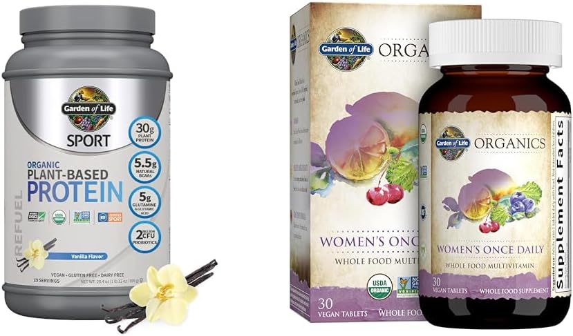 Garden of Life Organic Sportאבק & Once Daily Women's Multi - Probiotics, BCAAs, Antioxidants, 30g Plant Protein, ויטמין A C D3 K B6 B12, Non GMO