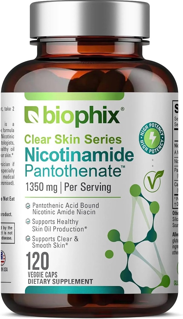 Biophix B-3 Nicotinamide Pantothenate 1350 מ"ג 120 Vcaps - Clear Skin Series B5 Pantothenic Acid Natural Flush-Free Nicotinic Amide Niacin - תמיכה ב- Skin Cell Health