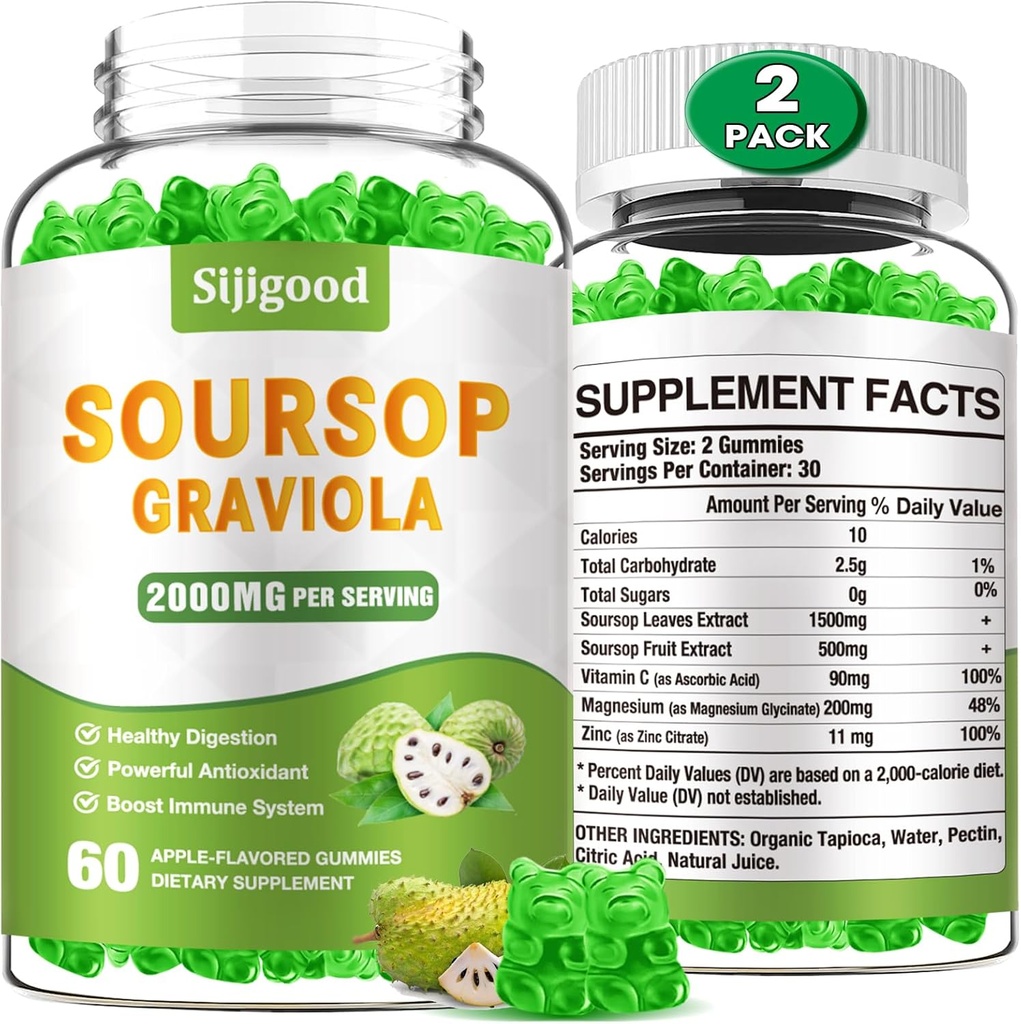 2 Pack Soursop Graviola Gummies - אורגני Soursop Leaves & פירות לחלץ - סיוע עיכול, Immune Support & Antioxidant Properties - 120 Apple Flavored Gummiessoped