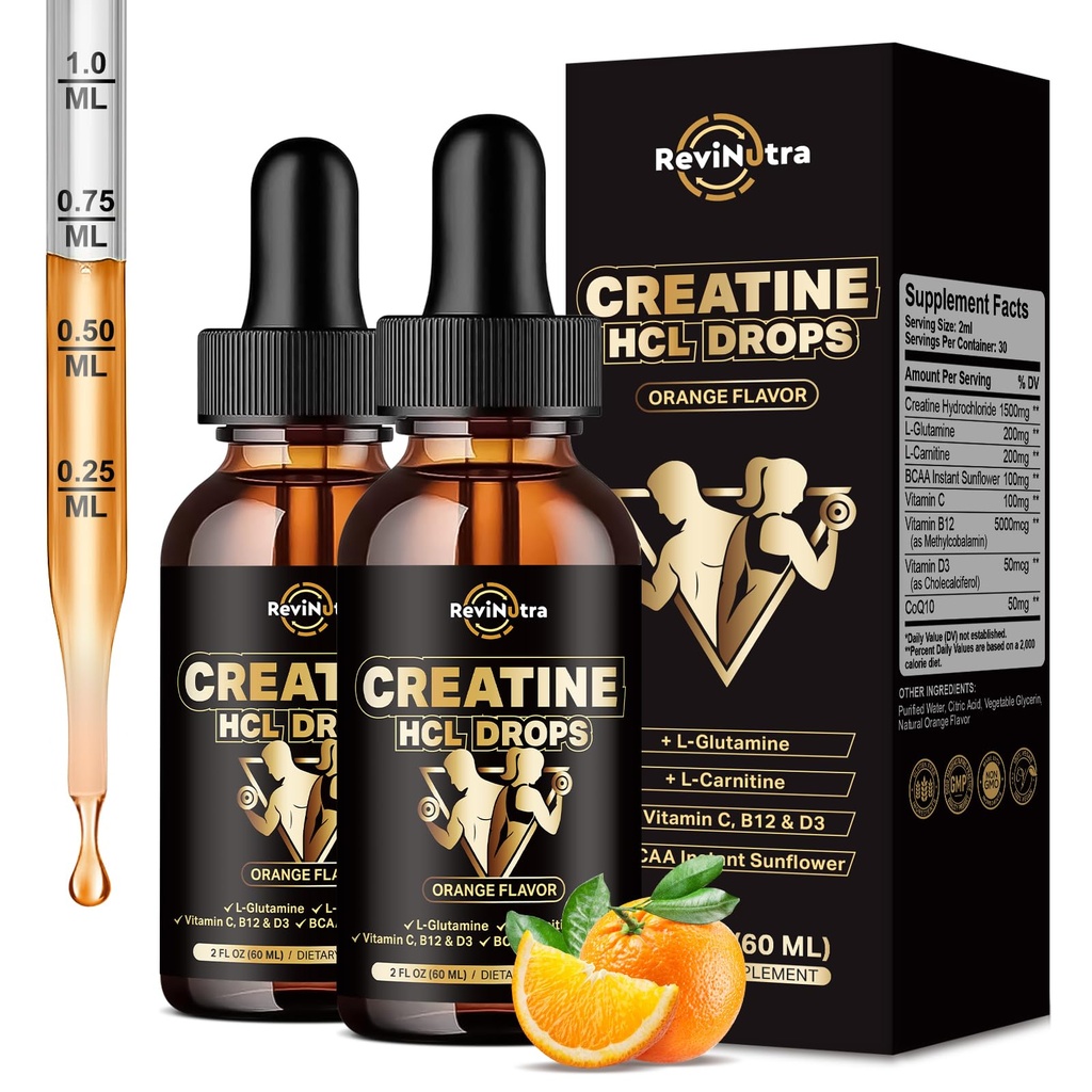 2 Pack Creatine HCL נוזל טיפות לגברים ונשים, 1500 מ"ג נוזל Creatine hydrochloride, High Absorption, 2 Fl Oz, Sugar-Free Orange Flavor