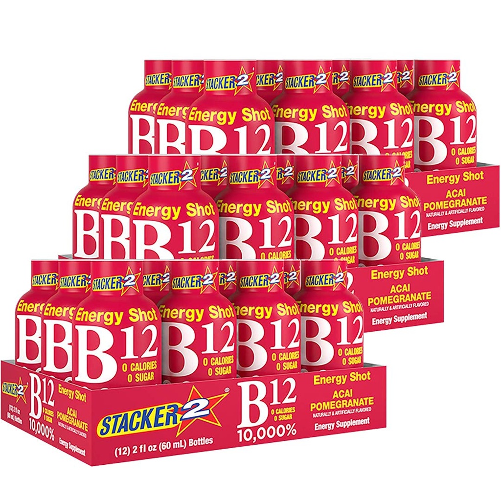 2 ויטמין B Complex B12 B6 B3 Liquid Energy Shots - Acai & Pomegranate - Cyanocobalamin, 10,000% DRV - B-6 Pyridoxine 40mg - B3 Niacinamide (Niacin) 20 מ"ג - BASED BOX Bundle (2oz, Pack of 36)