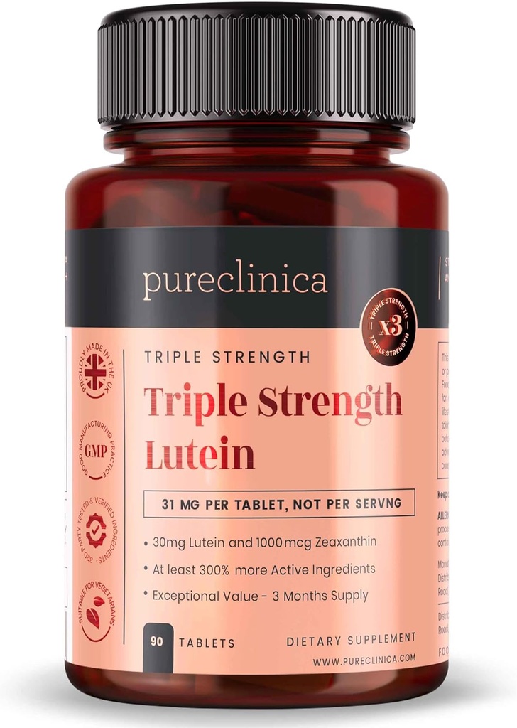 קליניקה טהורה Lutein 30 מ"ג עם Zeaxanthin 1000mcg - תוספת כוח משולש, 90 טבליות (3-Month Supply)