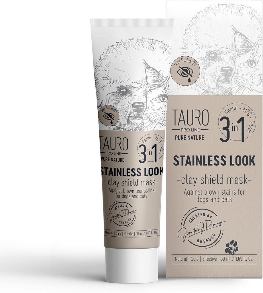 Tauro Pro Line Clay Tear Stain Remover עבור כלבים - מסיכת מגן לעיניים, אוזניים, פה, Gentle Grooming המוצר לכלבים, Puppy & Cat (Stainless Look - 1.69 Fl Oz)