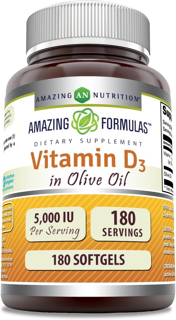 פורמולה מדהימה ויטמין D3 עם שמן זית 5000 IU Softgels תוסף | Non-GMO | Gluten Free | Made in USA (180 Count)