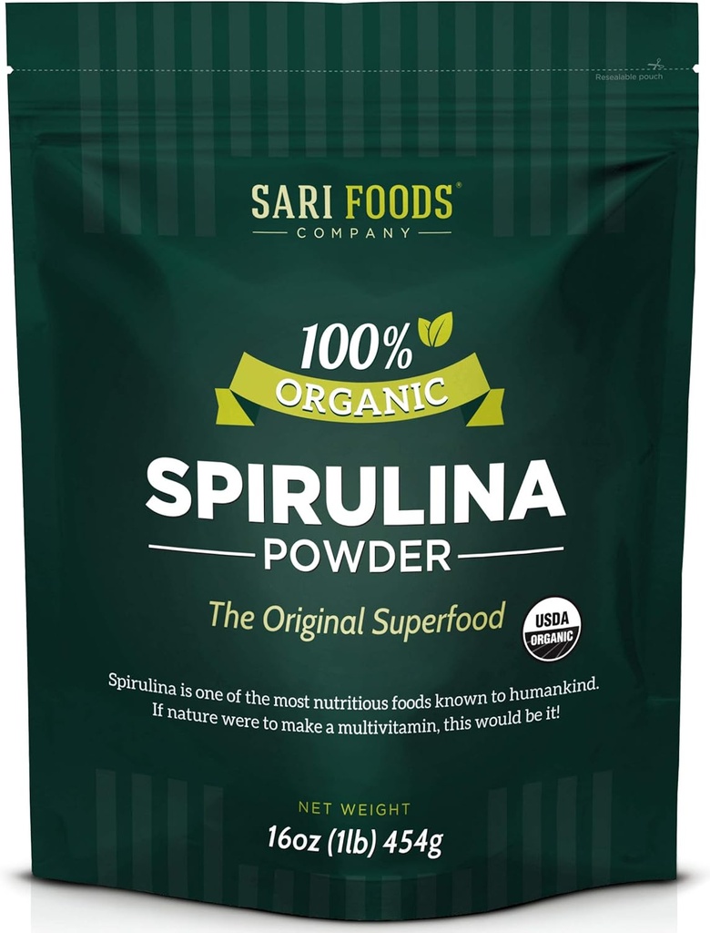 אבקת Spirulina אורגני (16 Ounce): באופן טבעי טבעוני, Supplies Folate, ויטמין B12, ברזל, אומגה שומן Acids, GLA, Beta Carotene, Chlorophyll, Amino Acids