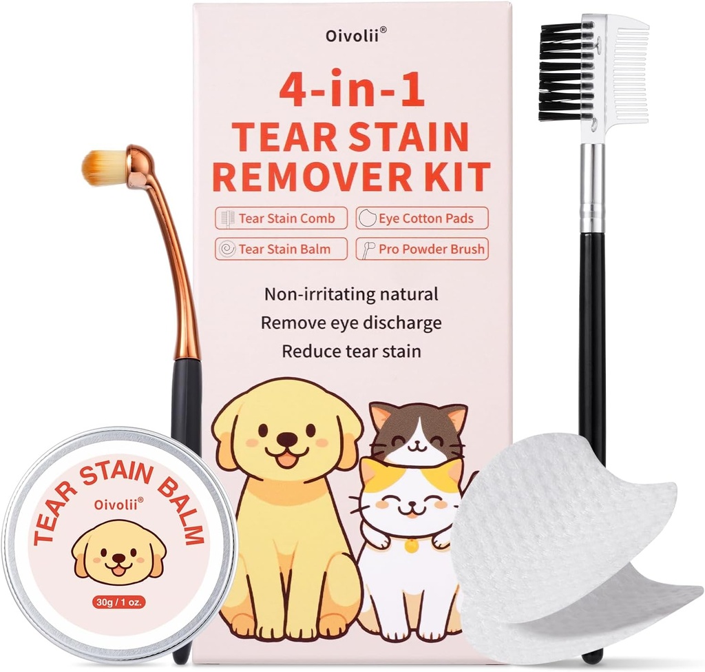 Tear Stain Remover Kit for Dogs & Cats with Tear Stain Comb, Tear Stain Balm, Eye Cotton Pads, Pro אבקת Brush Gently Remove Tear Stain, Eye Debris, Discharge, Mucus Secretions