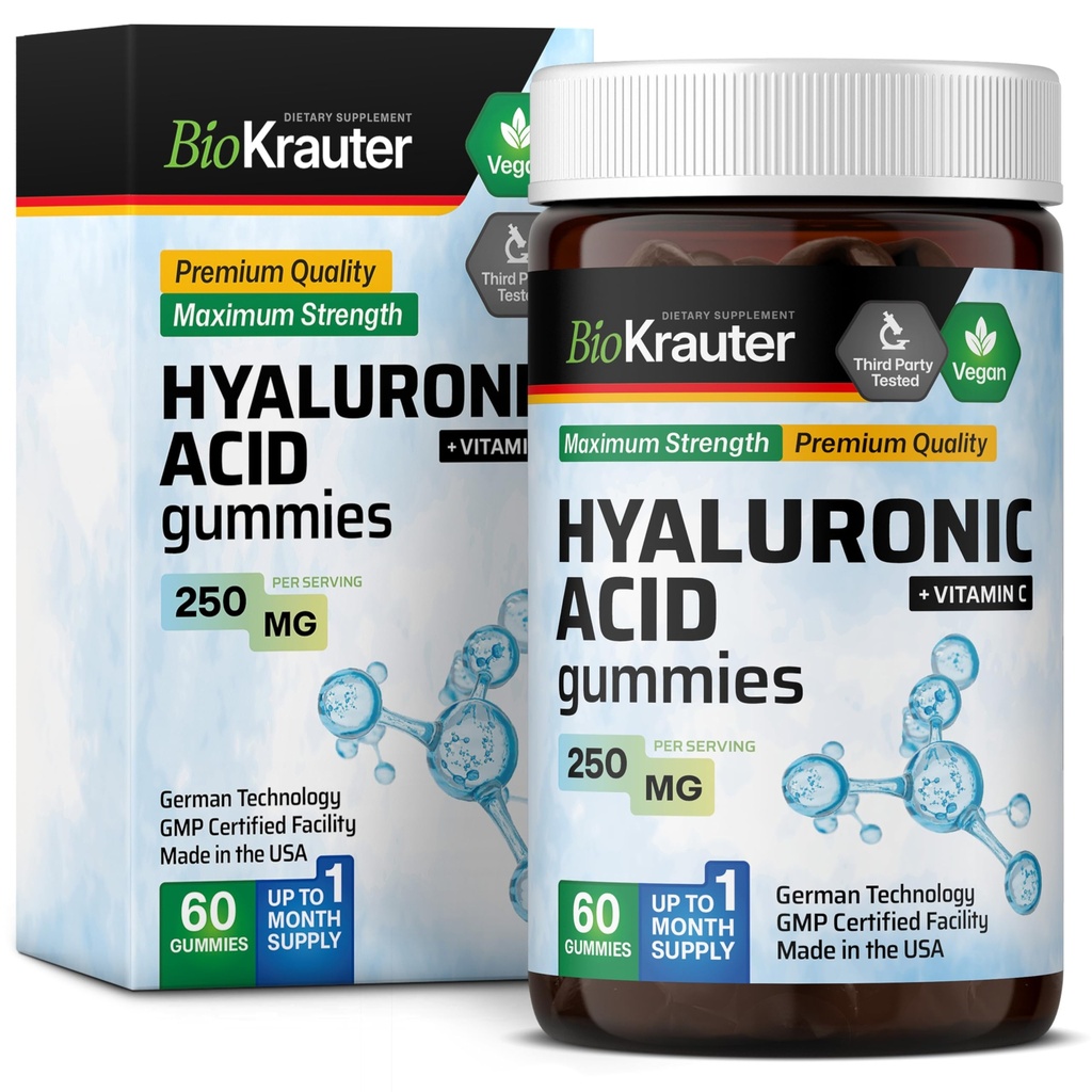 BIO KRAUTER Hyaluronic Acid with Vitamin C for Skin Hydration, 60 Gummies | Vegan Hyaluronic Acid Supplements 250 mg Strength for Beauty & Collagen Support, Banana Flavor, Herbal Supplements